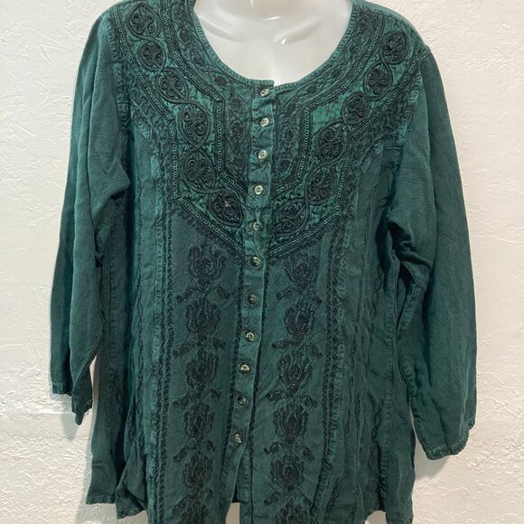 L Pogee Womens Button U Top Long Sleeve Embroidered Boho Blouse Green Tie Back - Picture 3 of 11